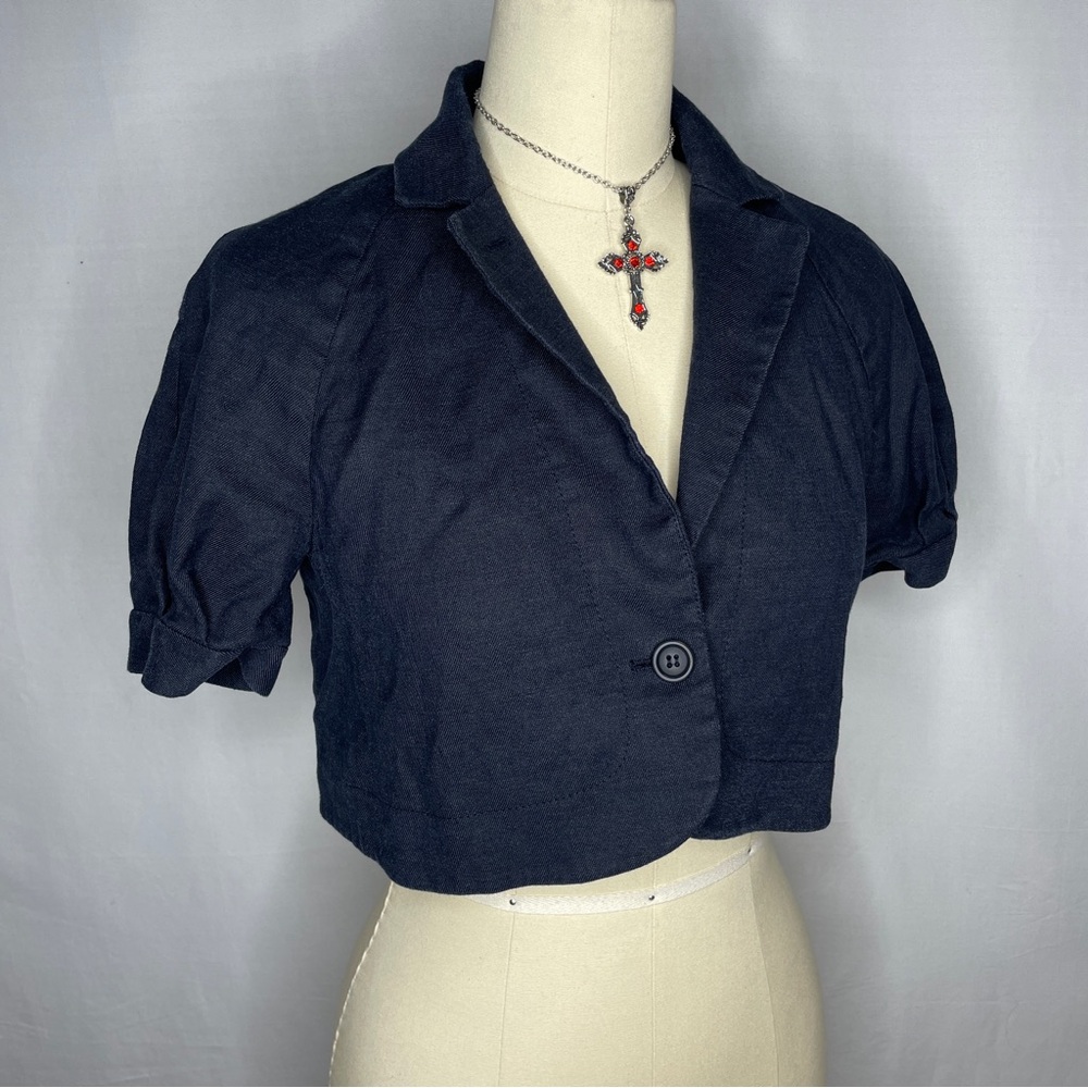 Theory brand navy blue cropped button front blazer jacket with puffy sleeves